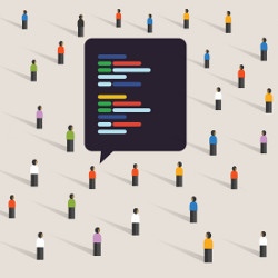 small figures and large chat icon, illustration