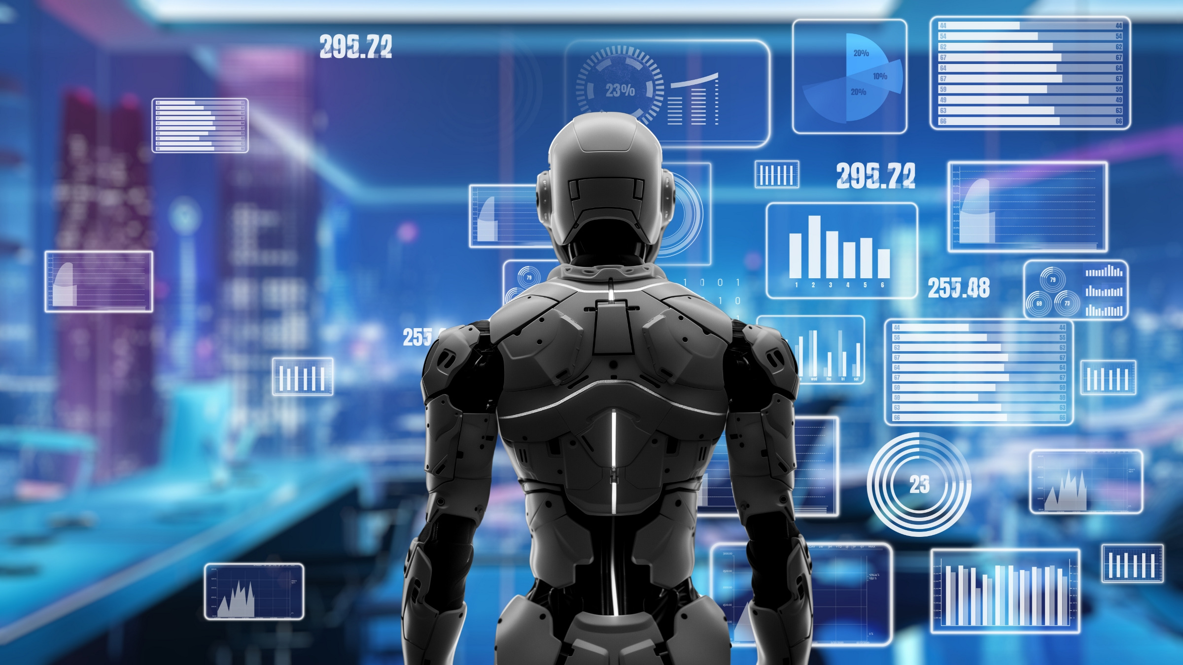 robot examining chart projections, illustration