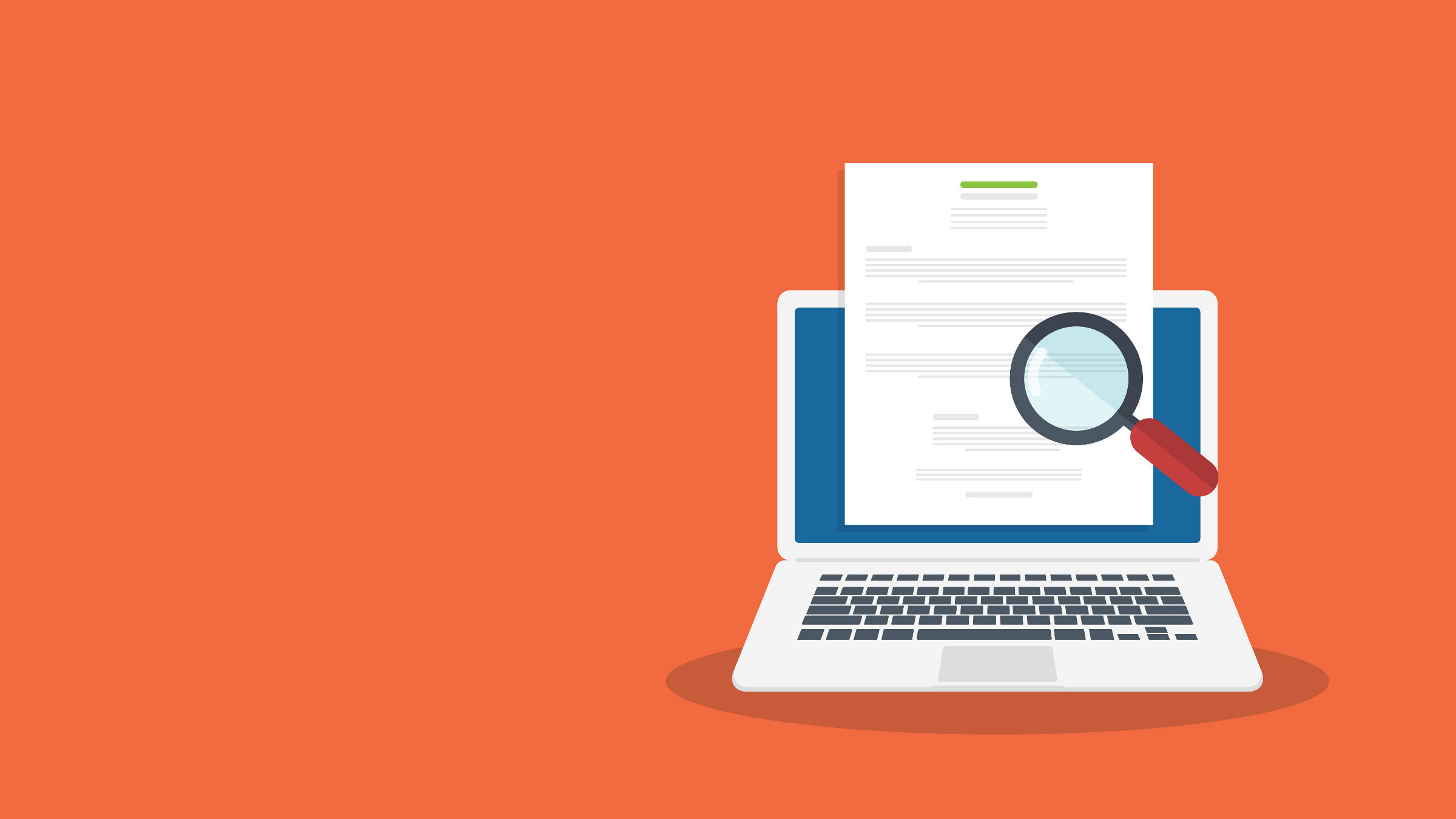 magnifying glass over a paper with a laptop computer in the background, illustration