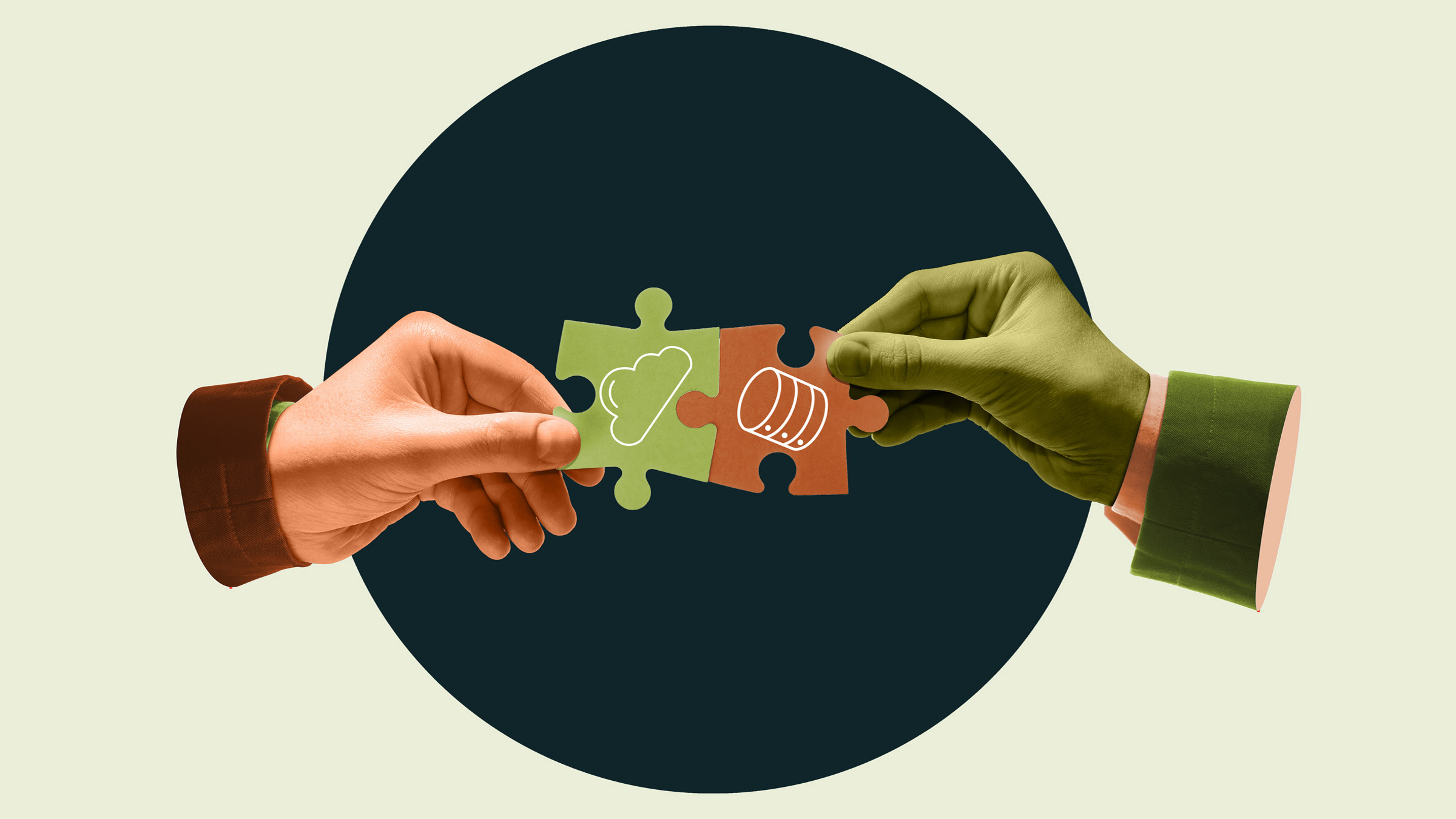hands hold one of two joined puzzle pieces, illustration