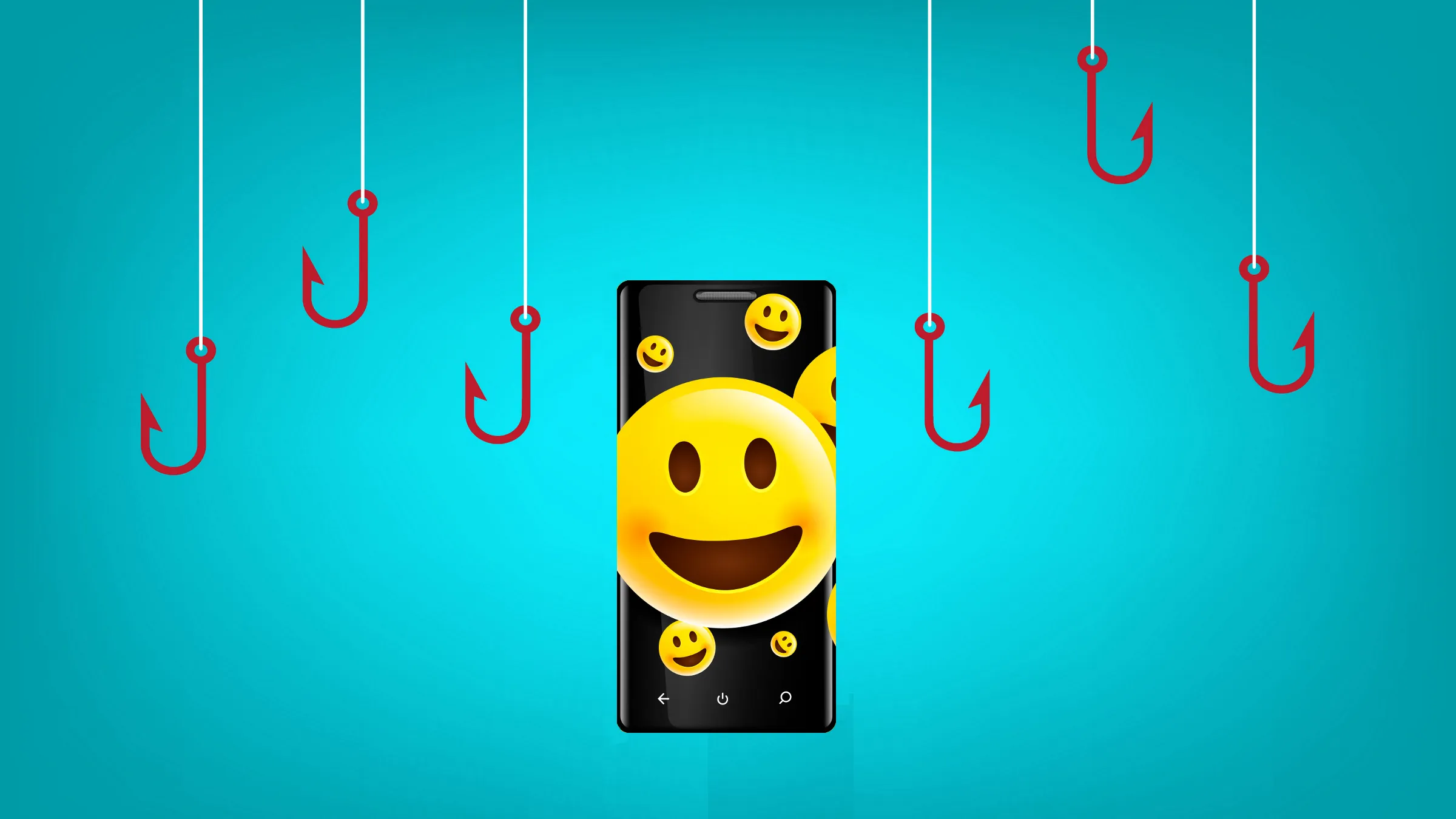 smiley face on smartphone and fishing hooks