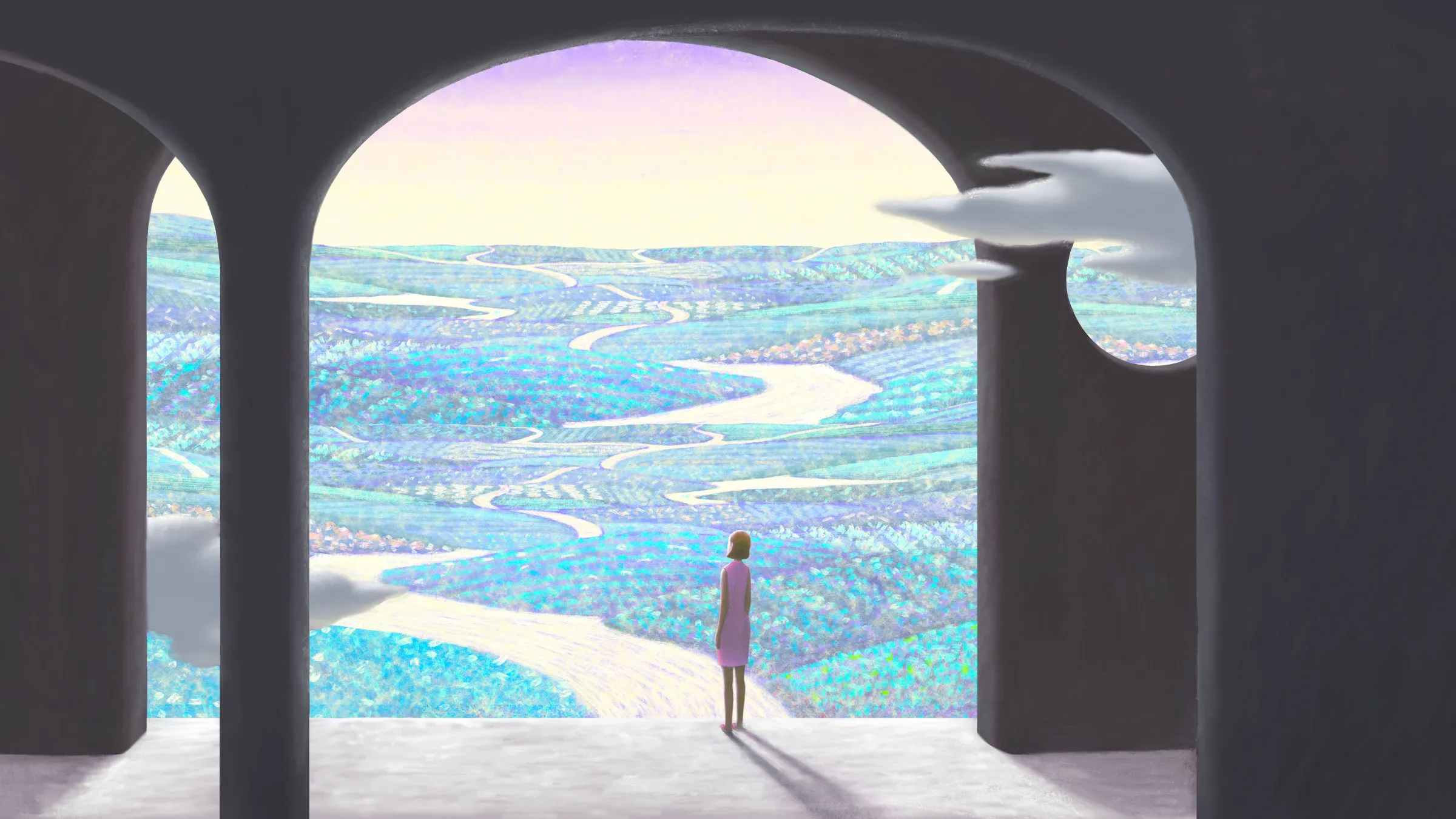 woman looking at fantasy landscape, illustration