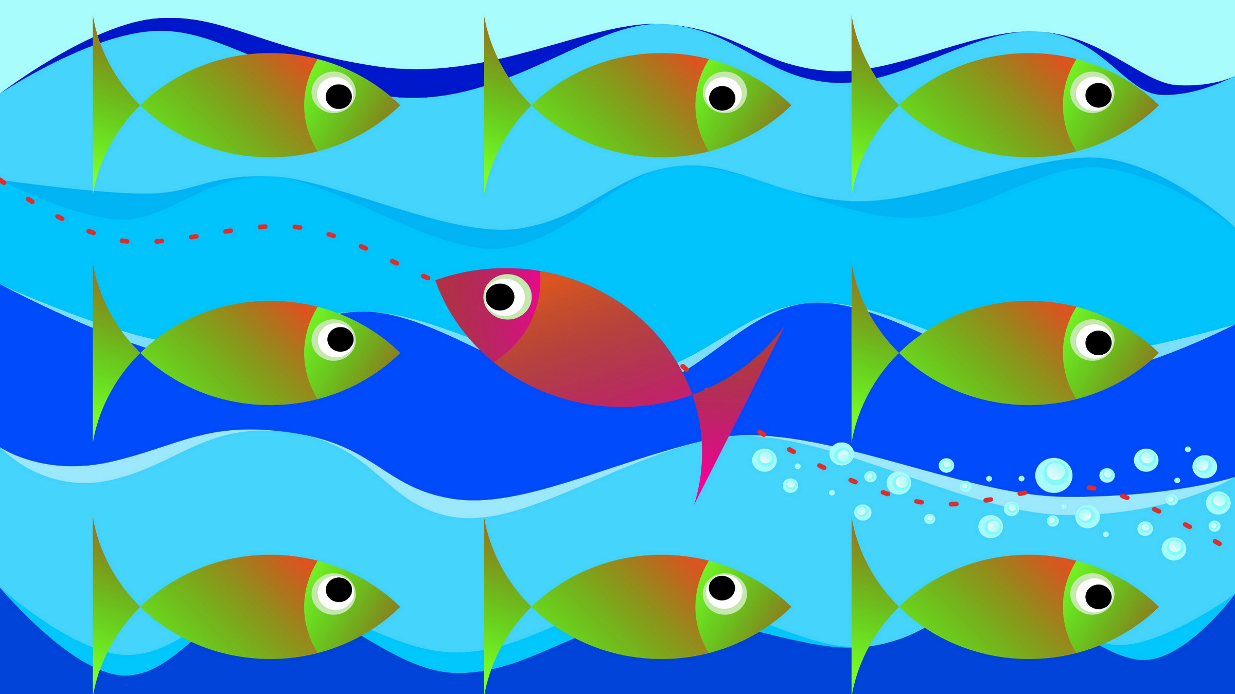 fish swimming in a different direction than the group, illustration